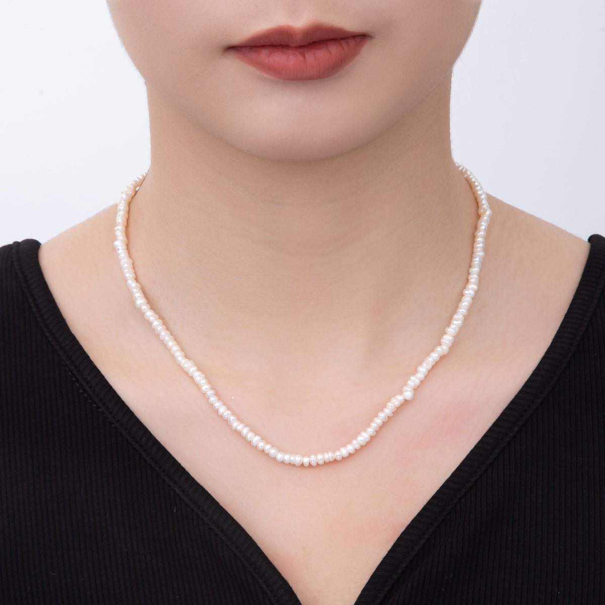 18K Gold Filled 4mm Dainty Rice Seed Freshwater Pearl Necklace 14.9 Inches long | WA-A3475 - Dressed.