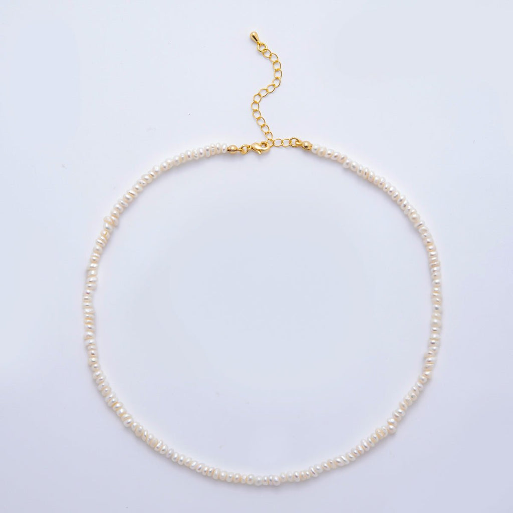18K Gold Filled 4mm Dainty Rice Seed Freshwater Pearl Necklace 14.9 Inches long | WA-A3475 - Dressed.