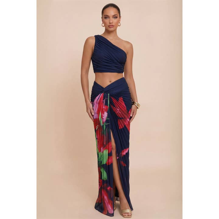 Luxxel Lily Stream pleated skirt set in Navy Multi