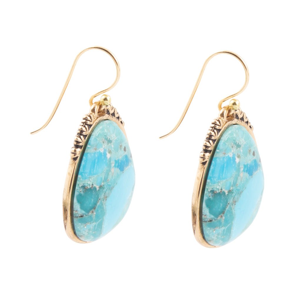 Agave Genuine Blue Turquoise and Golden Drop Earrings - Dressed.