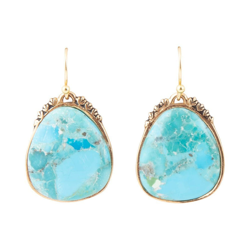 Agave Genuine Blue Turquoise and Golden Drop Earrings - Dressed.