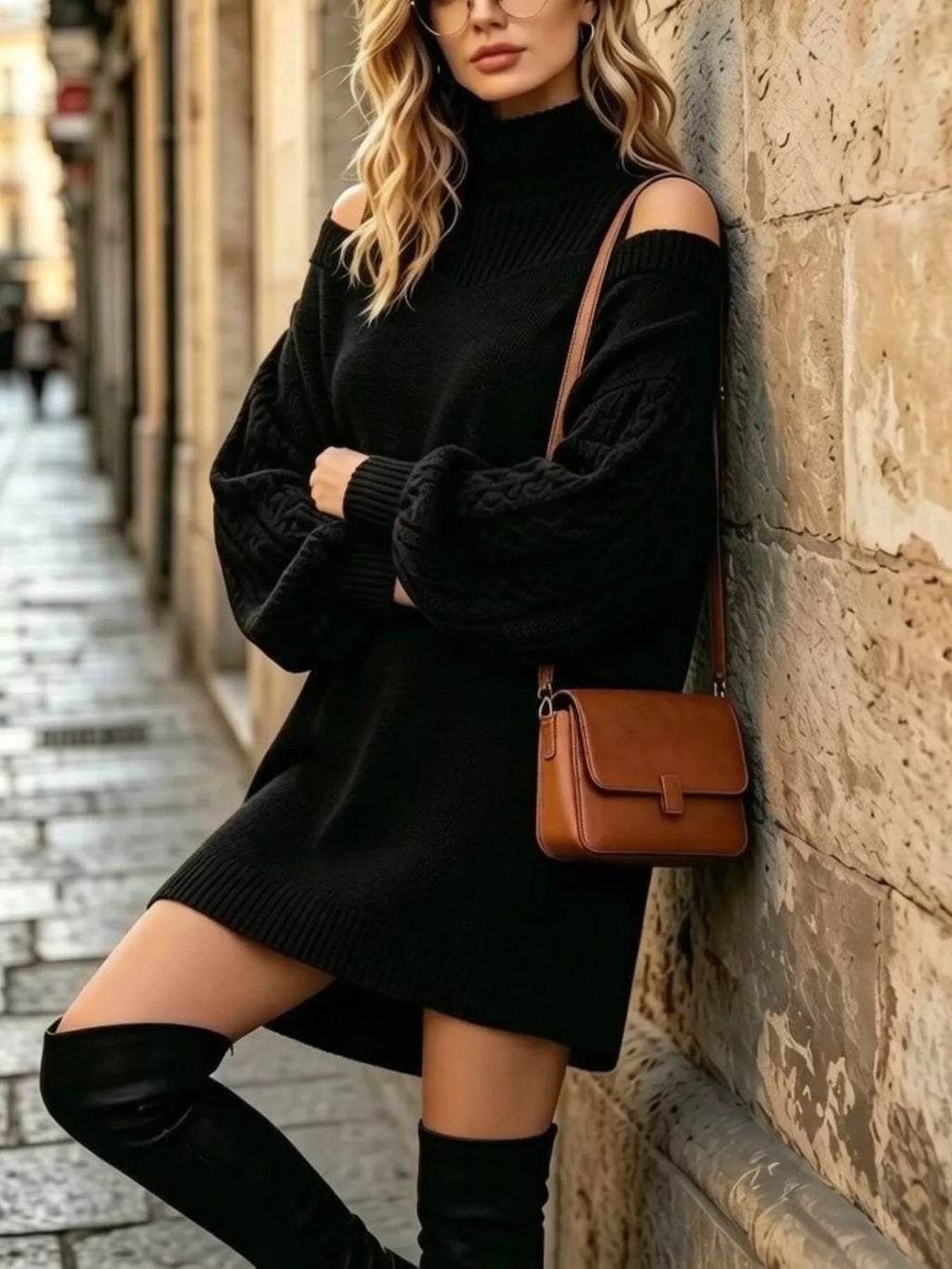 Amara Cold-Shoulder Cable-Knit Turtleneck Sweater - Dressed.