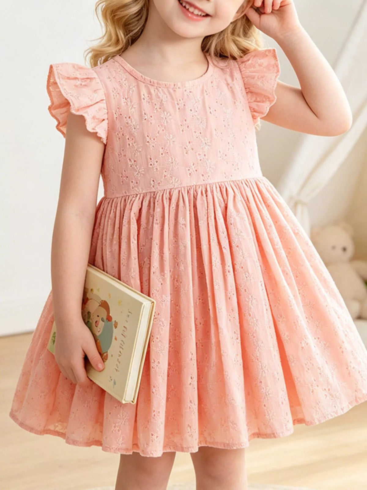 Amélie Eyelet Flutter-Sleeve Dress — Pale Blush - Dressed.