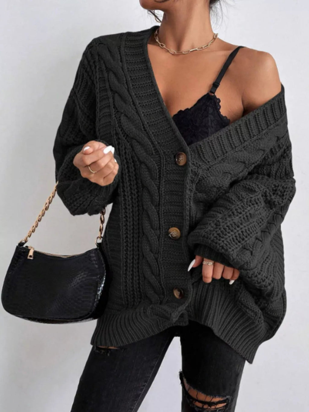Avery Oversized Cable-Knit Cardigan - Dressed.