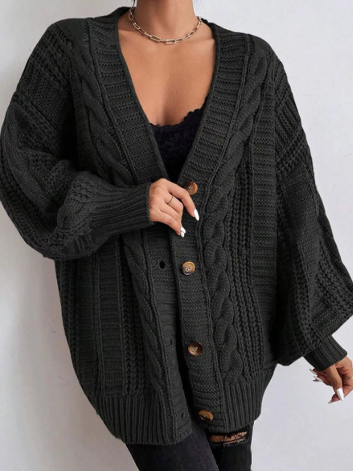 Avery Oversized Cable-Knit Cardigan - Dressed.