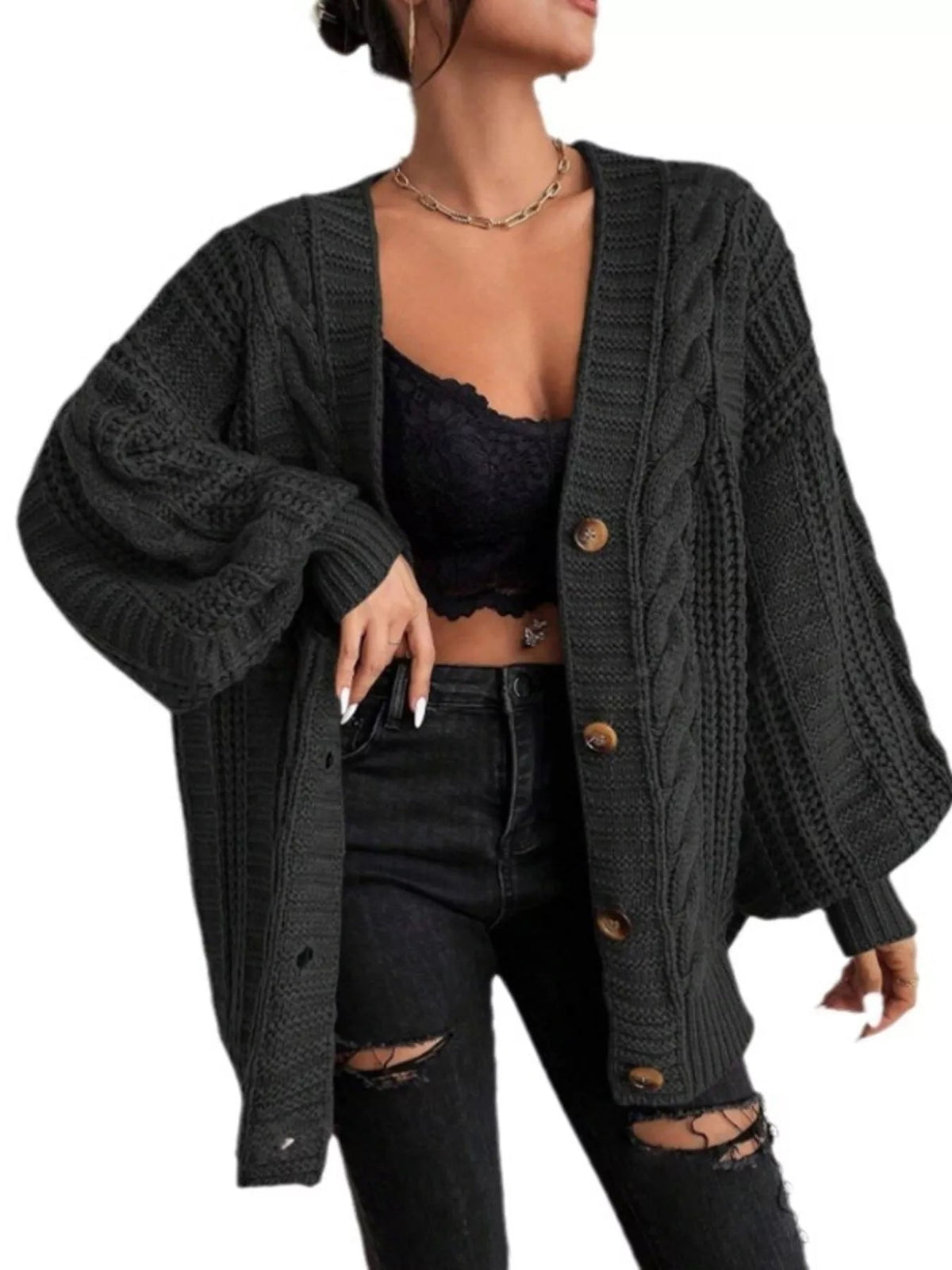 Avery Oversized Cable-Knit Cardigan - Dressed.