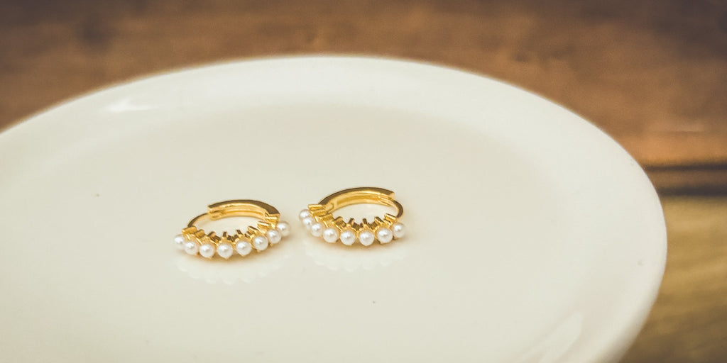 Beautiful Dainty Pearl and Gold or Silver Huggie Earrings - Dressed.