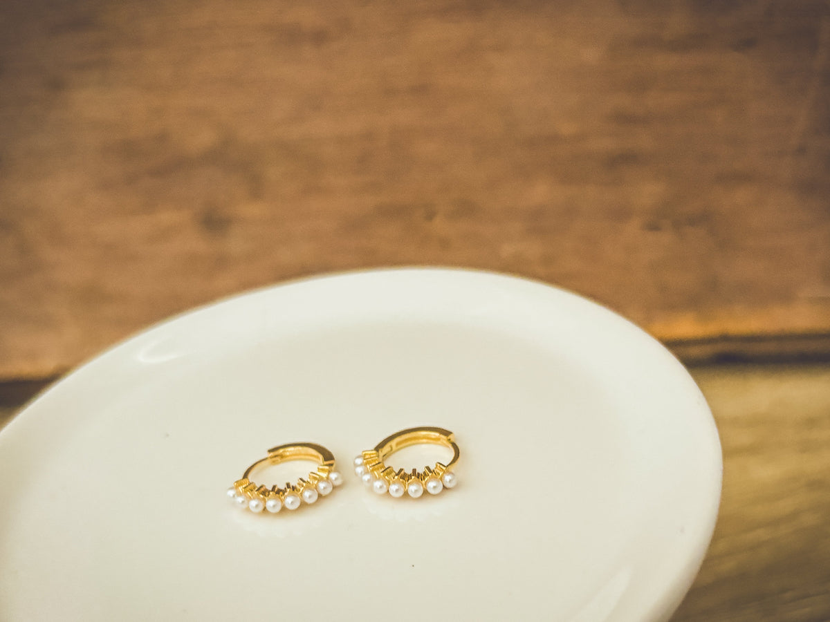 Beautiful Dainty Pearl and Gold or Silver Huggie Earrings - Dressed.