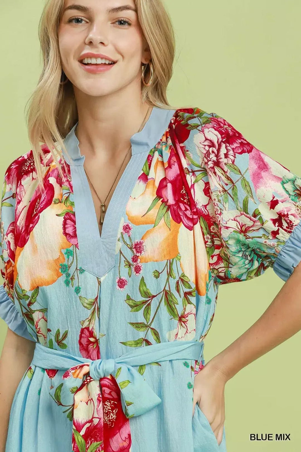 Bellevue Floral-Border Belted Midi Dress — Blue Mix - Dressed.