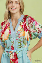 Bellevue Floral-Border Belted Midi Dress — Blue Mix - Dressed.
