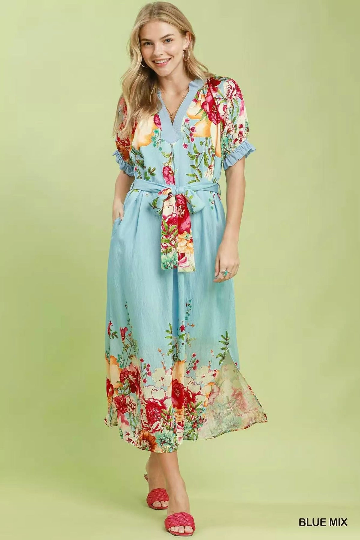 Bellevue Floral-Border Belted Midi Dress — Blue Mix - Dressed.