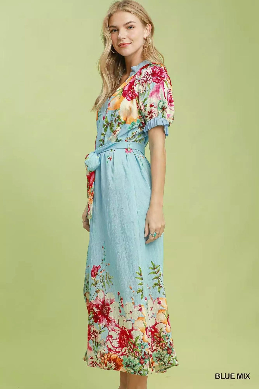 Bellevue Floral-Border Belted Midi Dress — Blue Mix - Dressed.