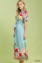 Bellevue Floral-Border Belted Midi Dress — Blue Mix - Dressed.