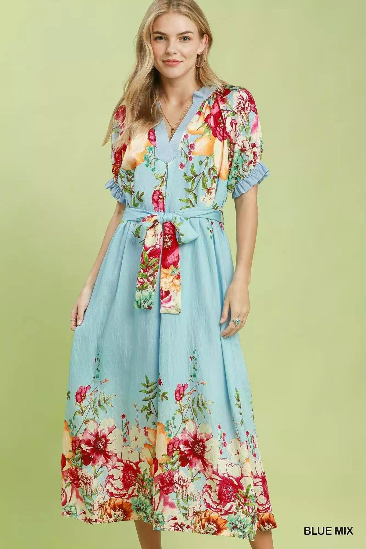 Bellevue Floral-Border Belted Midi Dress — Blue Mix - Dressed.