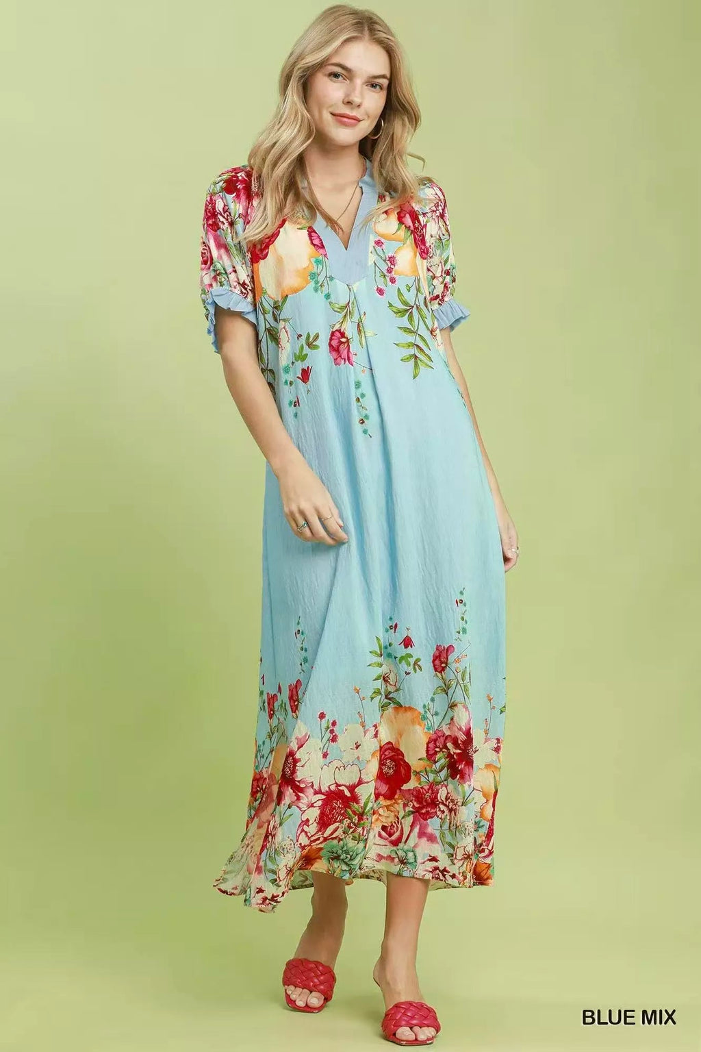 Bellevue Floral-Border Belted Midi Dress — Blue Mix - Dressed.