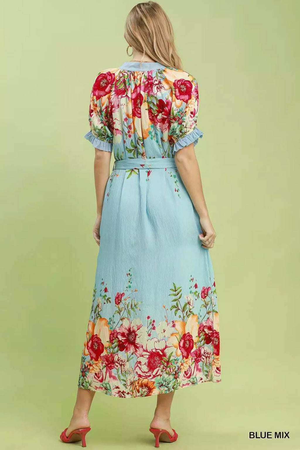 Bellevue Floral-Border Belted Midi Dress — Blue Mix - Dressed.