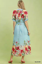 Bellevue Floral-Border Belted Midi Dress — Blue Mix - Dressed.