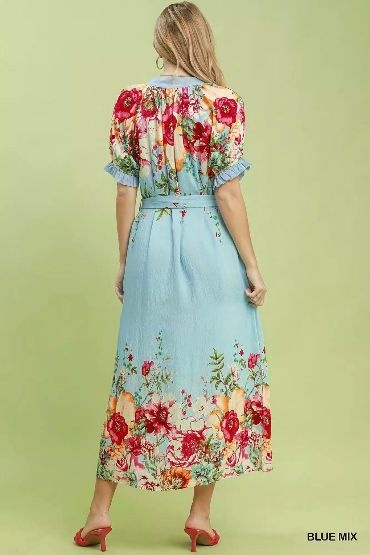 Bellevue Floral-Border Belted Midi Dress — Blue Mix - Dressed.