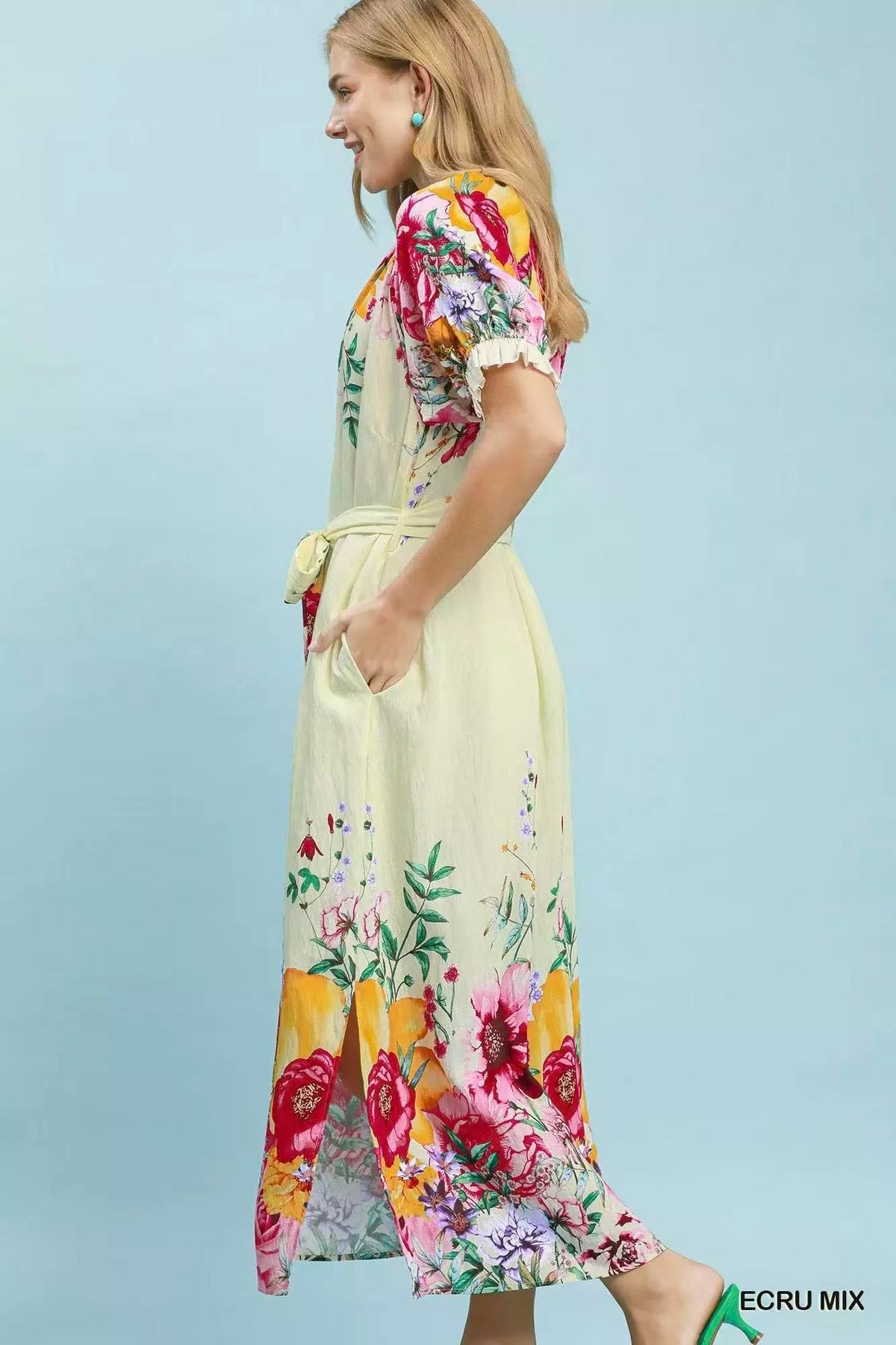 Bellevue Floral-Border Belted Midi Dress — Ecru Mix - Dressed.