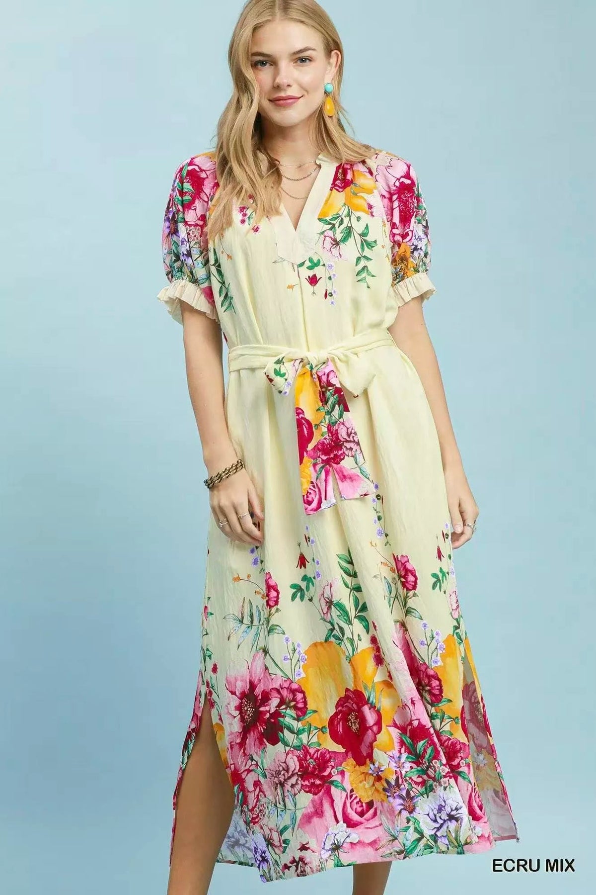 Bellevue Floral-Border Belted Midi Dress — Ecru Mix - Dressed.