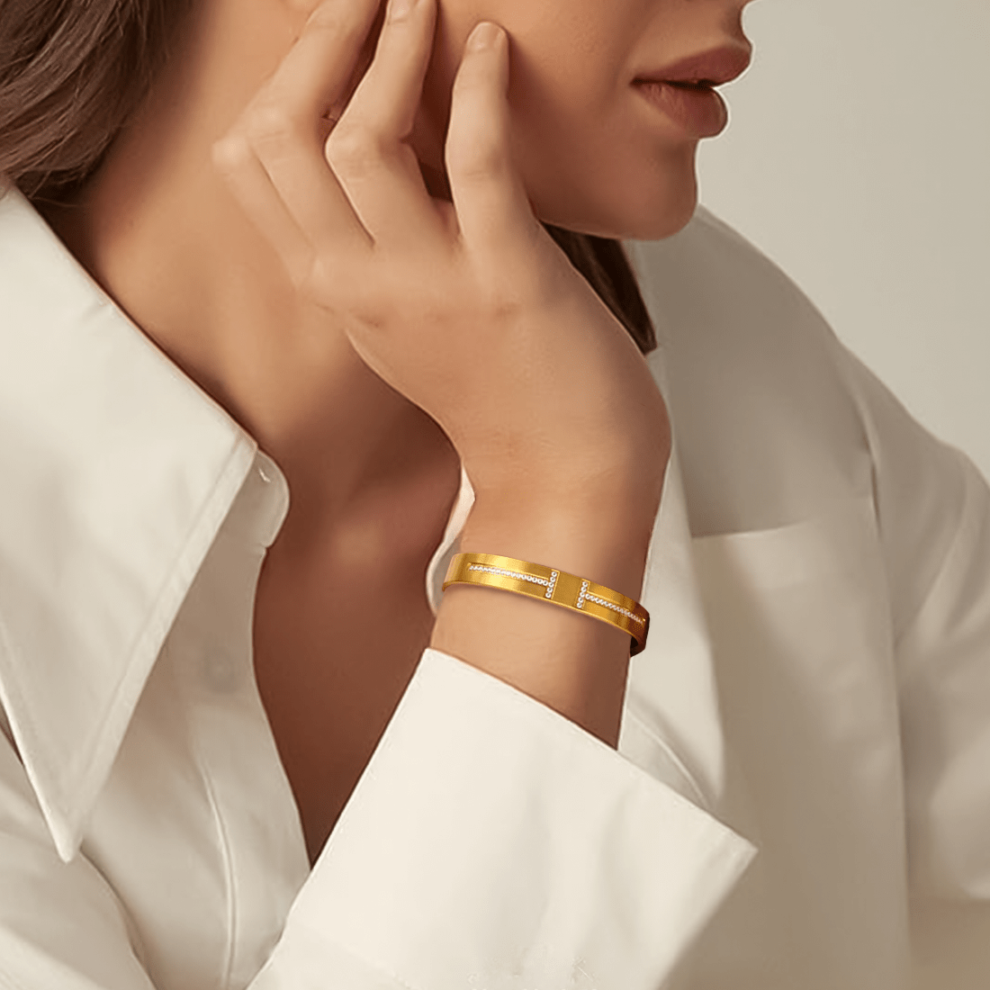 BG107G B.Tiff Pavé Harmony Gold Bangle Bracelet - Dressed.