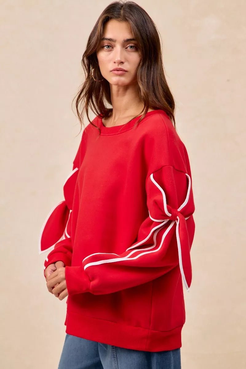 BiBi Bow Detail Sleeves Fleece Sweatshirt - Dressed.