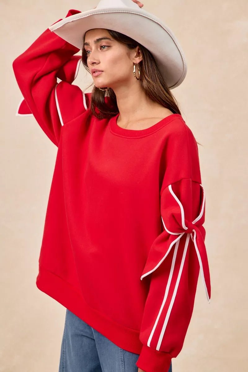 BiBi Bow Detail Sleeves Fleece Sweatshirt - Dressed.