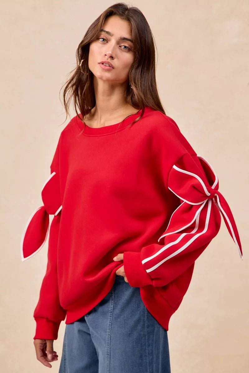 BiBi Bow Detail Sleeves Fleece Sweatshirt - Dressed.