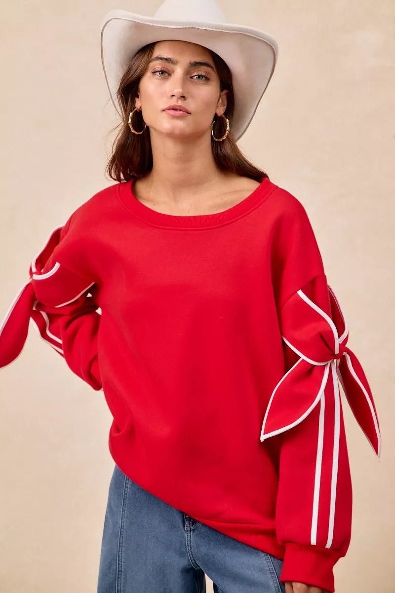 BiBi Bow Detail Sleeves Fleece Sweatshirt - Dressed.