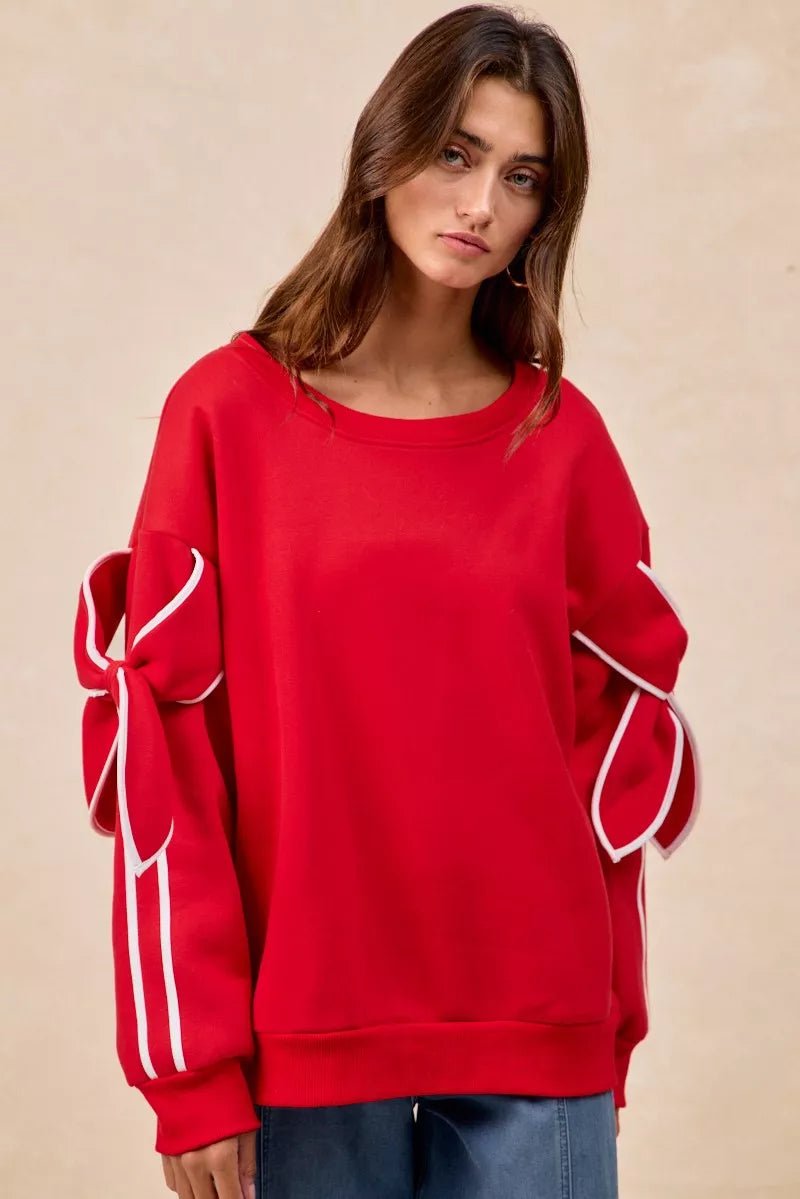BiBi Bow Detail Sleeves Fleece Sweatshirt - Dressed.