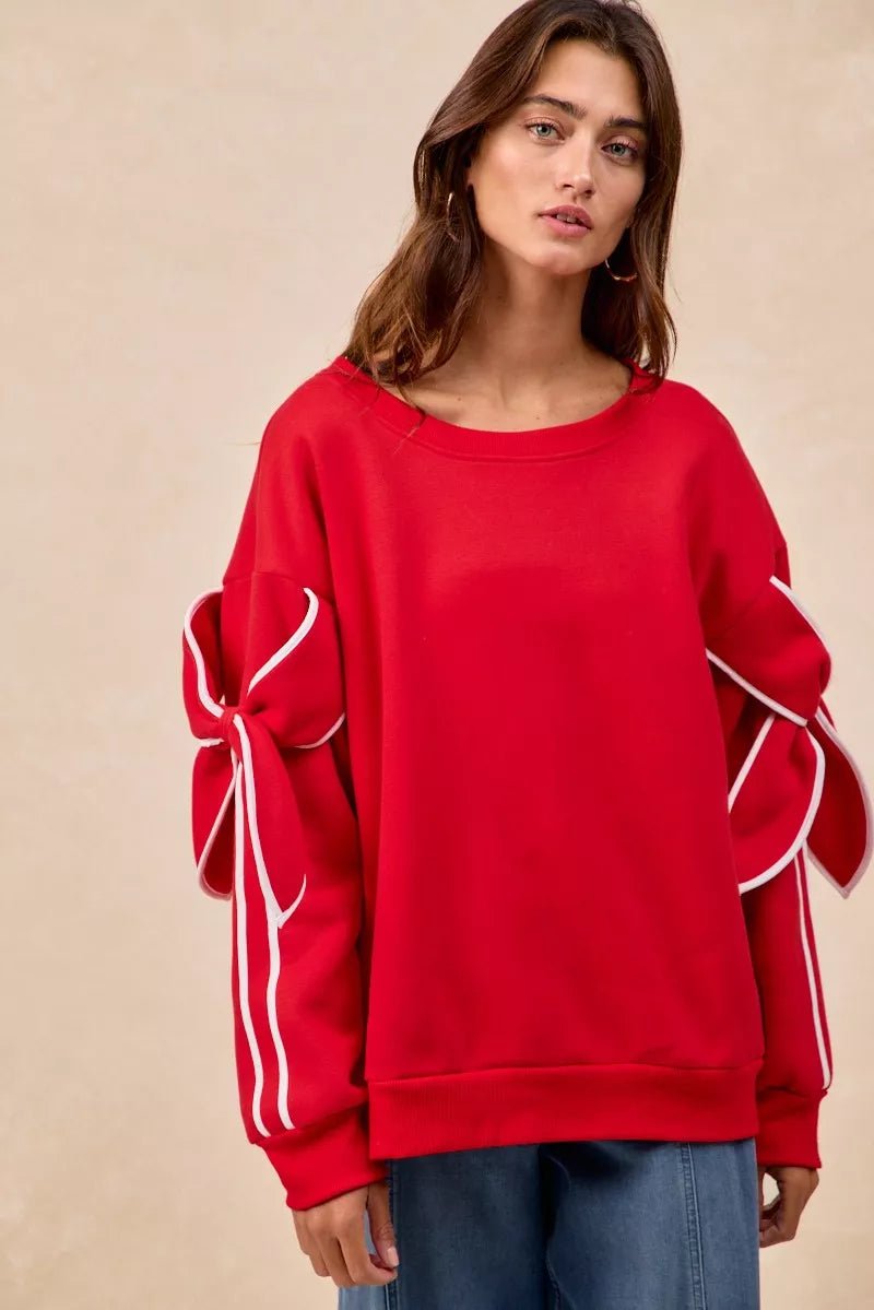 BiBi Bow Detail Sleeves Fleece Sweatshirt - Dressed.