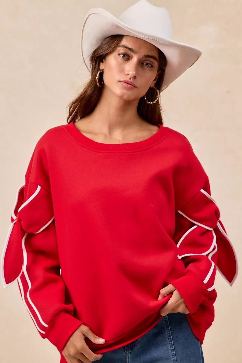 BiBi Bow Detail Sleeves Fleece Sweatshirt - Dressed.