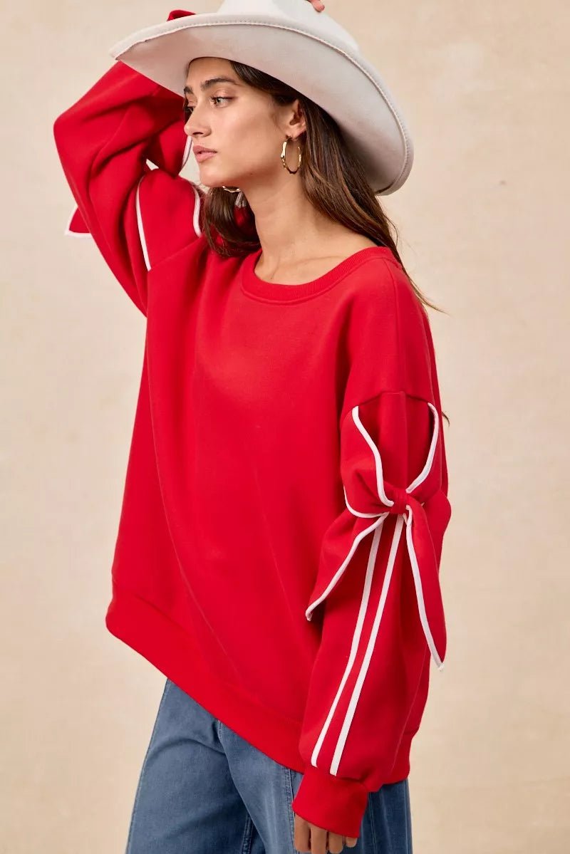 BiBi Bow Detail Sleeves Fleece Sweatshirt - Dressed.