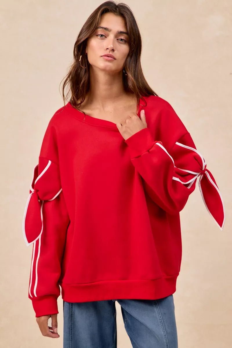 BiBi Bow Detail Sleeves Fleece Sweatshirt - Dressed.