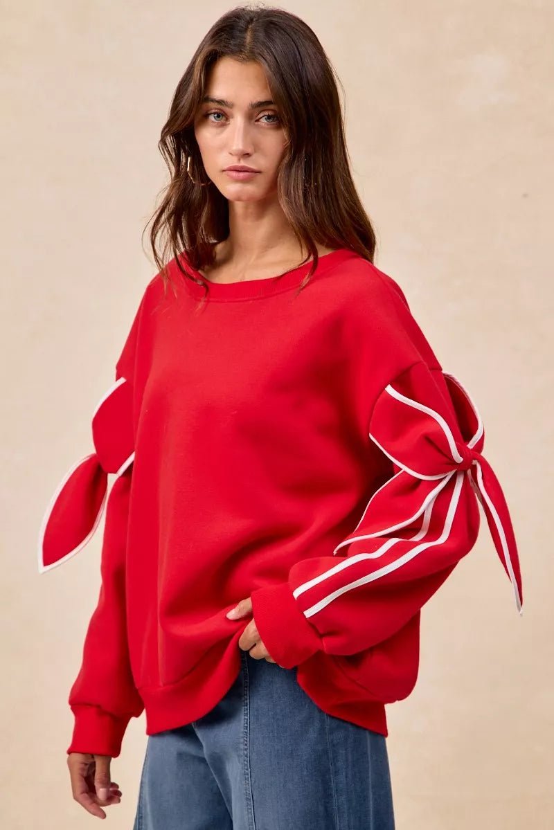 BiBi Bow Detail Sleeves Fleece Sweatshirt - Dressed.