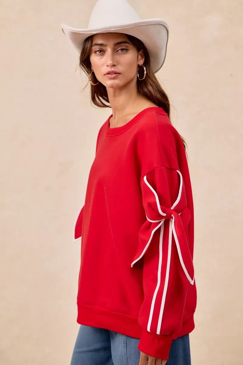 BiBi Bow Detail Sleeves Fleece Sweatshirt - Dressed.