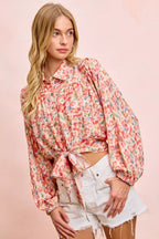 BiBi Floral Print Tie Hem Detail Crop Shirt - Dressed.