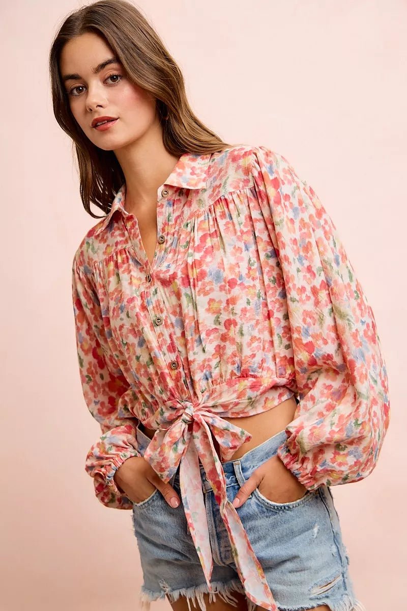 BiBi Floral Print Tie Hem Detail Crop Shirt - Dressed.