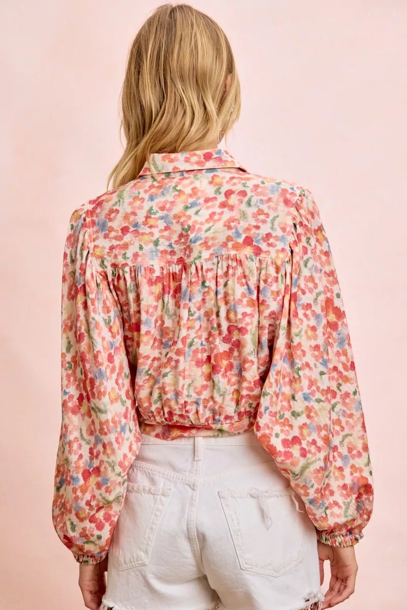 BiBi Floral Print Tie Hem Detail Crop Shirt - Dressed.
