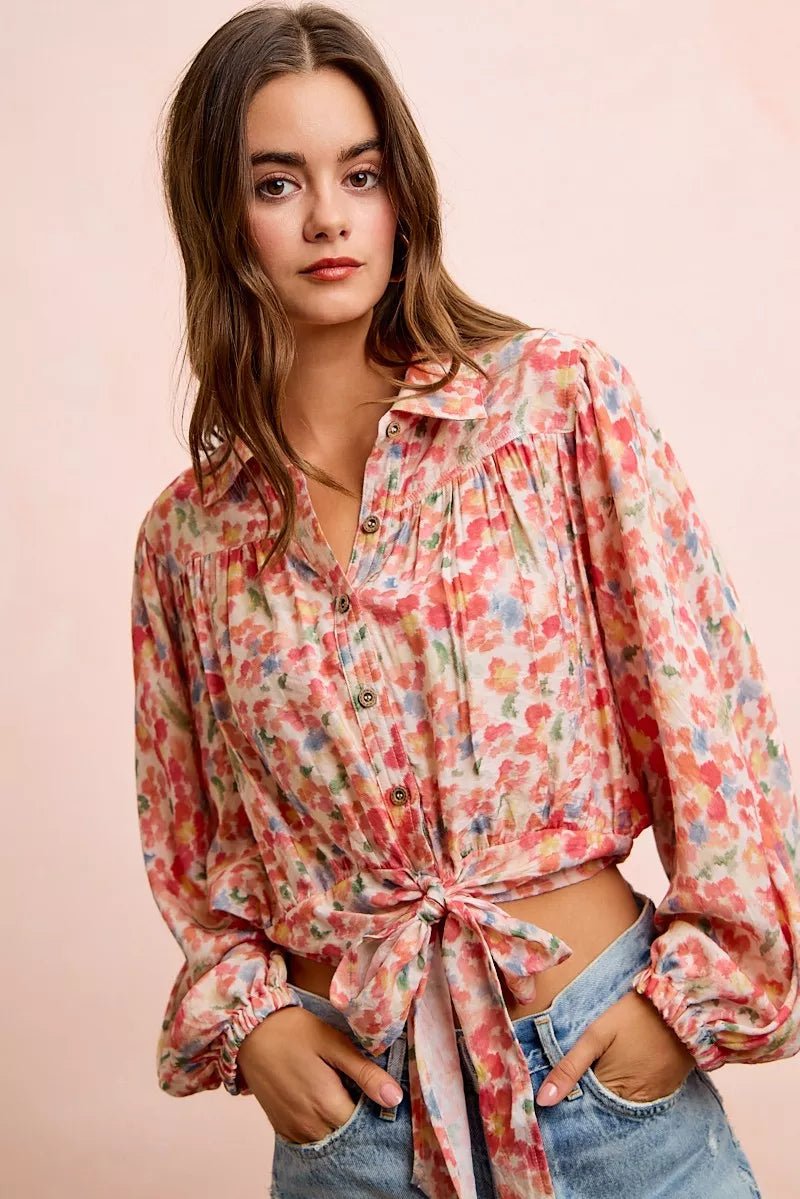 BiBi Floral Print Tie Hem Detail Crop Shirt - Dressed.