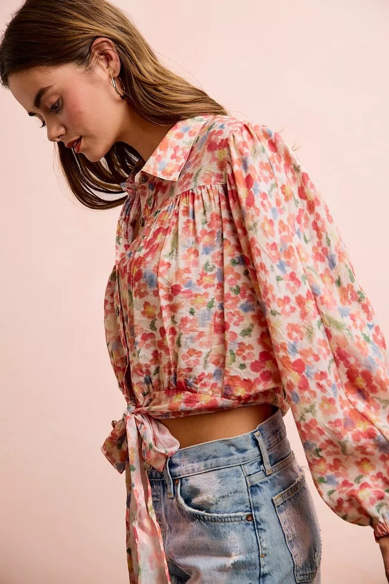 BiBi Floral Print Tie Hem Detail Crop Shirt - Dressed.