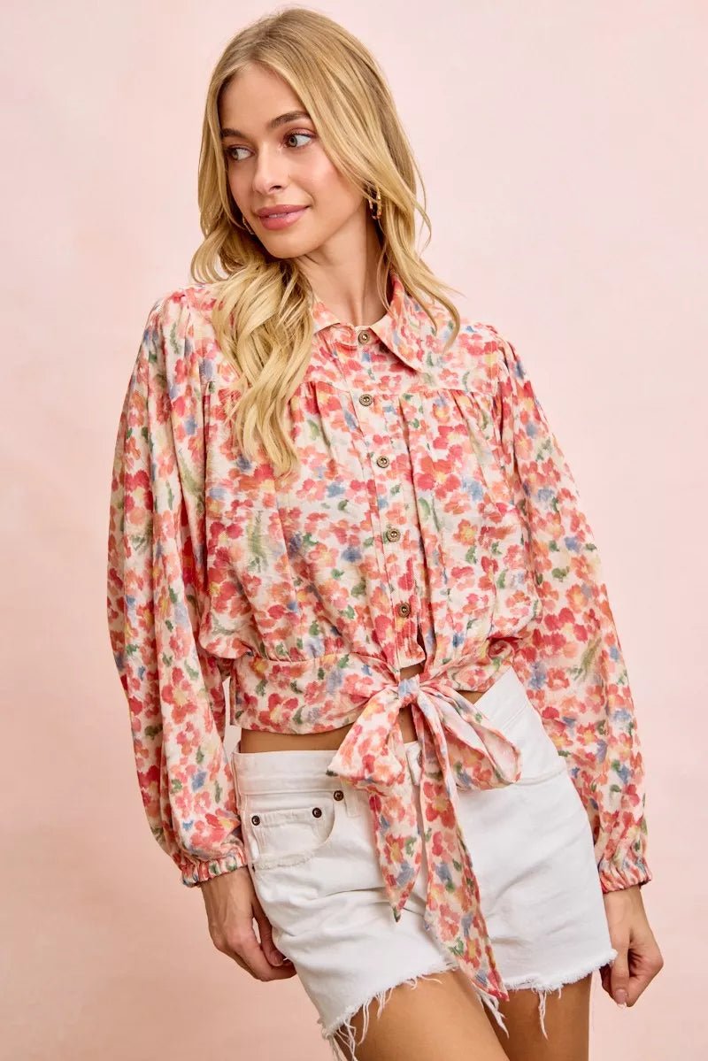 BiBi Floral Print Tie Hem Detail Crop Shirt - Dressed.