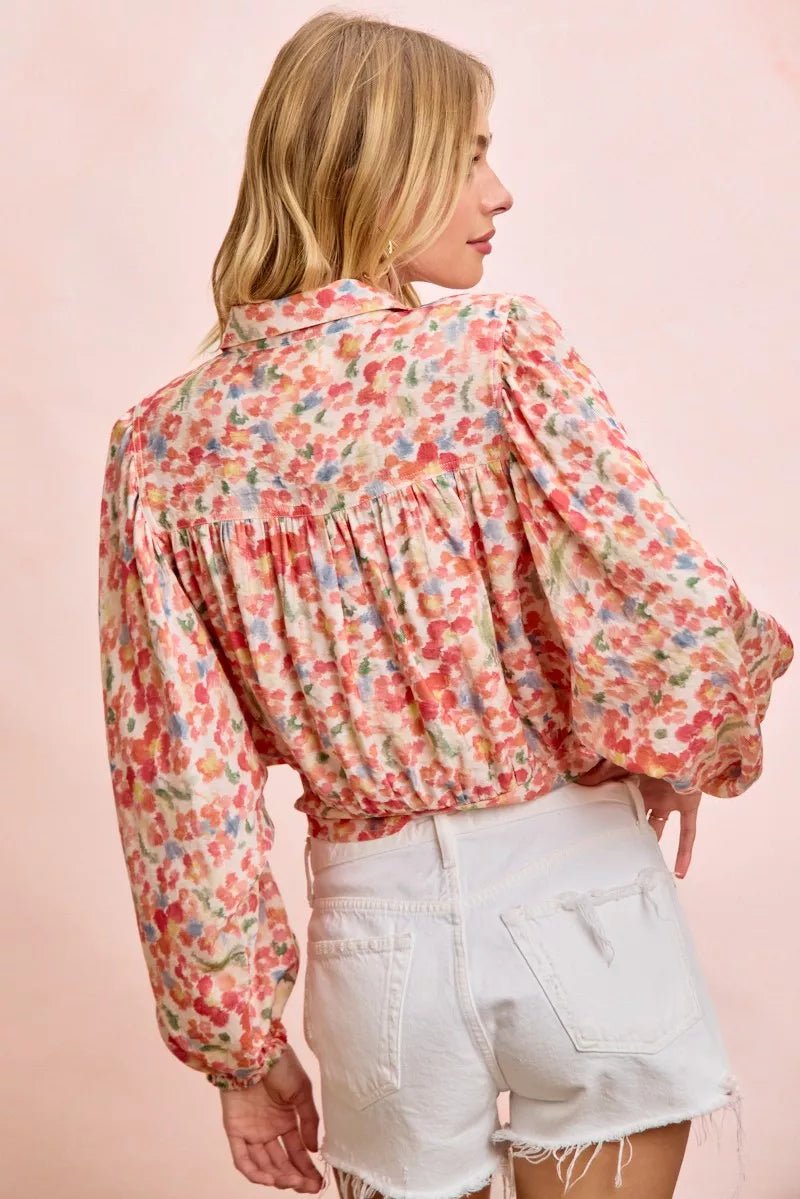 BiBi Floral Print Tie Hem Detail Crop Shirt - Dressed.