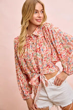 BiBi Floral Print Tie Hem Detail Crop Shirt - Dressed.