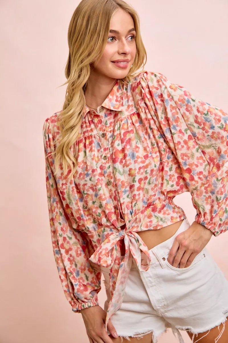 BiBi Floral Print Tie Hem Detail Crop Shirt - Dressed.