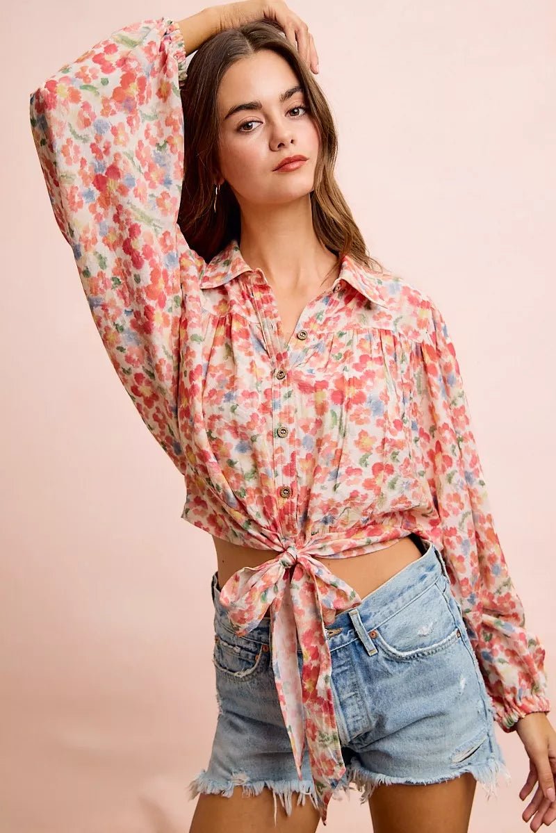 BiBi Floral Print Tie Hem Detail Crop Shirt - Dressed.