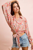 BiBi Floral Print Tie Hem Detail Crop Shirt - Dressed.