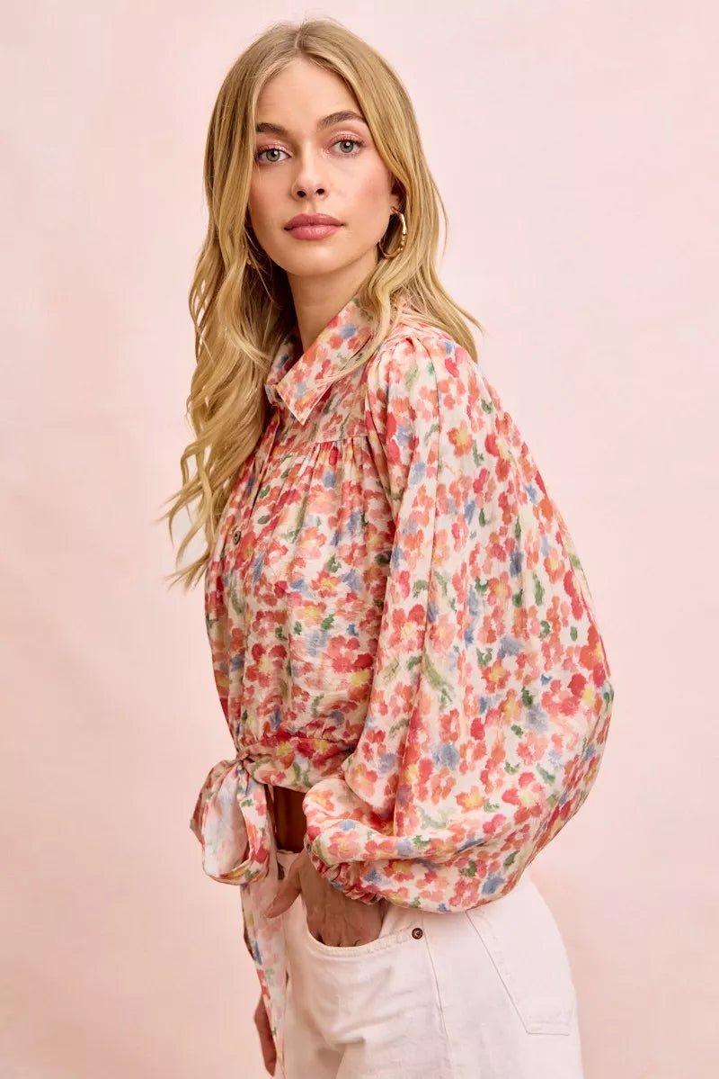 BiBi Floral Print Tie Hem Detail Crop Shirt - Dressed.