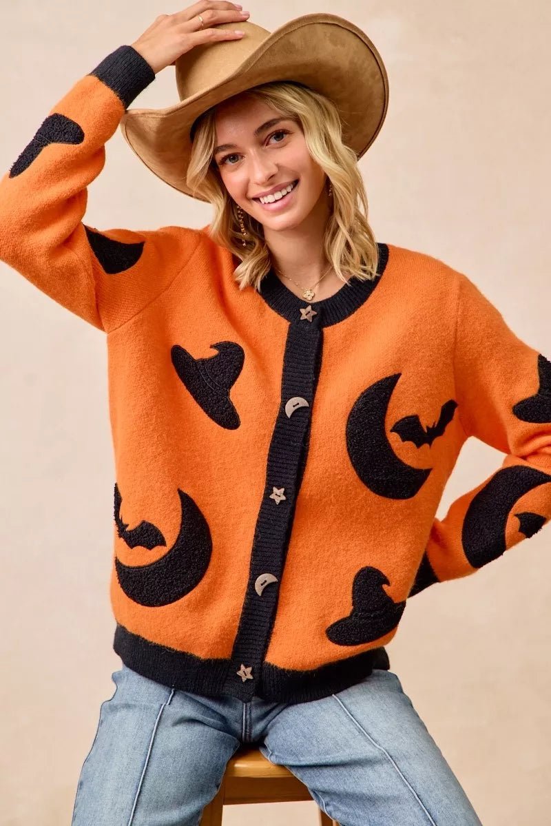 BiBi Halloween Witch Hat Moon Bat Artwork Cardigan - Dressed.