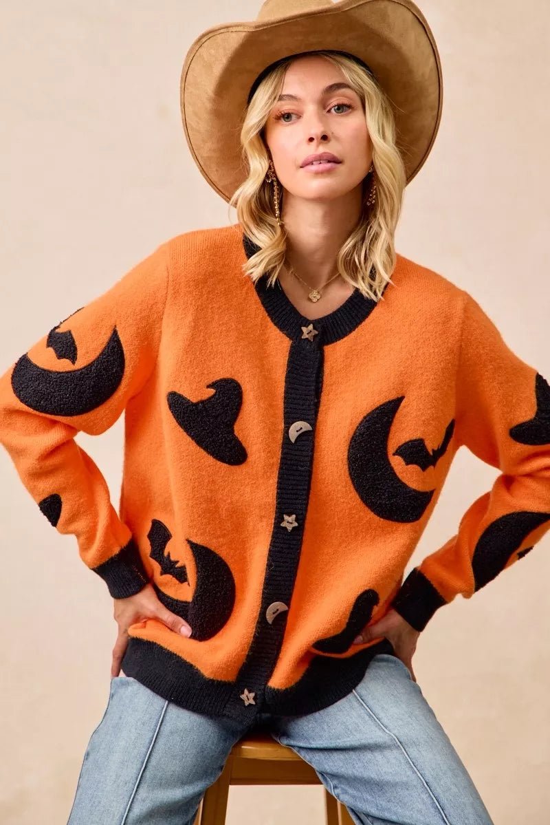 BiBi Halloween Witch Hat Moon Bat Artwork Cardigan - Dressed.